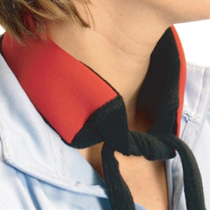 Icy Cools red and black cooling neck wrap tied around a person neck