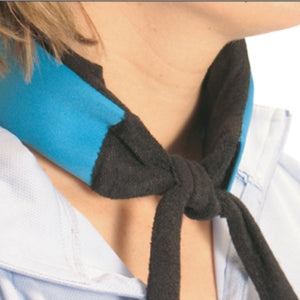 Icy Cools blue and black fabric neck cooling wrap tied around a person neck