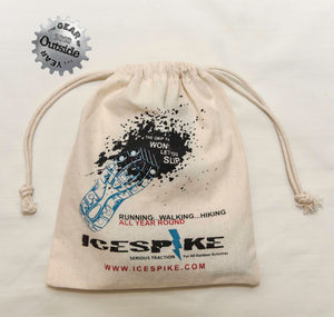 IceSpike branded drawstring storage bag with shoe traction graphic