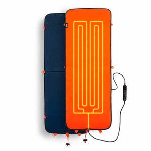 Ignik heated sleeping pad with orange top and navy blue bottom with controller