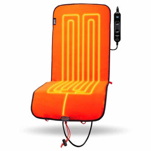 Ignik orange heated seat pad with visible heating elements and digital controller