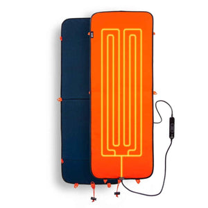 Ignik orange and blue heated sleeping pad with visible heating element
