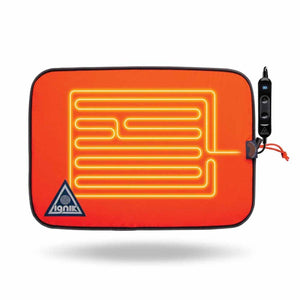 Ignik orange heated seat pad with visible internal heating coils and digital controller