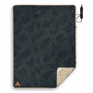 Ignik heated blanket with dark patterned top and tan underside with remote control