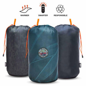 Three Ignik stuff sacks with icons for warmer smarter and responsible features