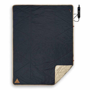 Ignik navy blue quilted electric blanket with tan trim and digital controller