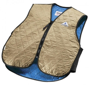 HyperKewl khaki quilted cooling vest with blue interior and front zipper