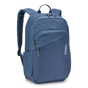 Blue Thule backpack with front zippered pocket and side water bottle sleeve