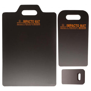 Three black Impacto kneeling mats of varying sizes with integrated handles