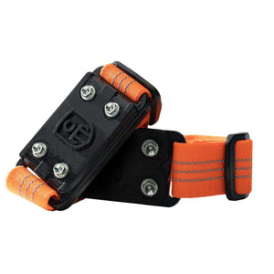 Impacto knee pad replacement straps with orange elastic and black plastic buckles