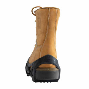 Tan leather work boot with black rubber ice traction cleat attached to the heel