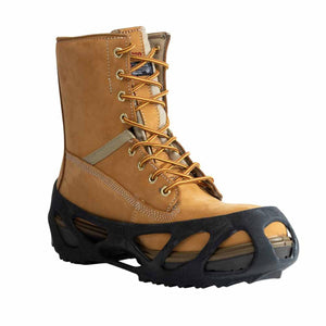 Tan leather work boot with black rubber ice cleat traction attachment