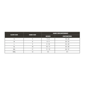 Impacto glove size chart showing hand size and circumference in inches and centimeters
