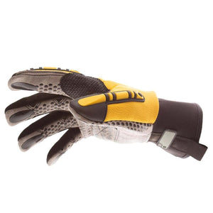 Impacto work glove with yellow protective padding and grey textured grip palm