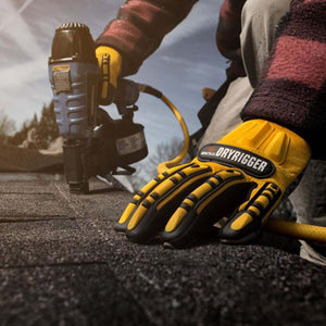 Impacto Dryrigger work gloves on a roofer using a nail gun