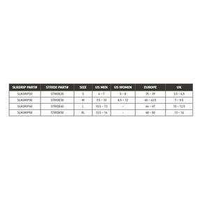Size chart for SLKGRIP and STRIDE products comparing US men US women European and UK shoe sizes