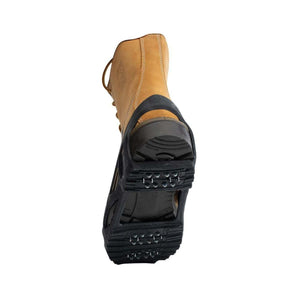 Tan work boot with black rubber ice traction cleats attached to the sole