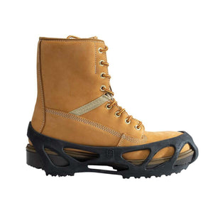 Tan leather work boot with black rubber ice traction cleat attached to the sole