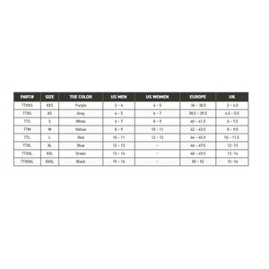 Impacto size chart showing part numbers, sizes, toe colors, and international shoe size conversions