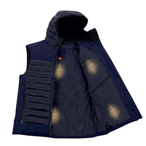 Therm-ic navy blue hooded vest with internal heating element zones