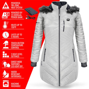 ActionHeat women white heated parka with battery power bank and feature list