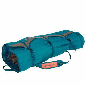 Kelty teal and tan rolled camping chair in a carry bag