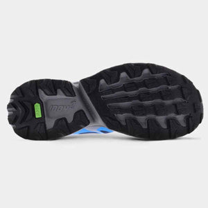 Inov8 trail running shoe sole with black rubber lugs and green G-Grip logo