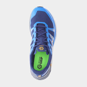 Top view of blue Inov8 trail running shoe with green insole