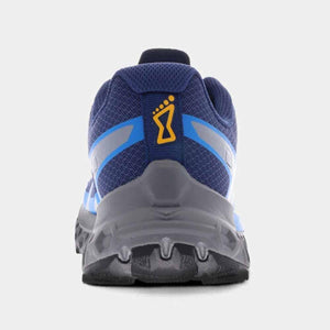 Rear view of blue Inov-8 trail running shoe with yellow logo on heel tab
