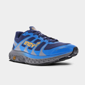 Inov-8 blue and grey trail running shoe with yellow branding