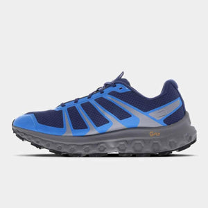 Blue and dark blue trail running shoe with grey midsole and GFLY branding