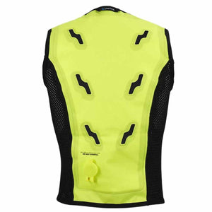 Back view of neon yellow Inuteq cooling vest with black mesh side panels and water fill cap