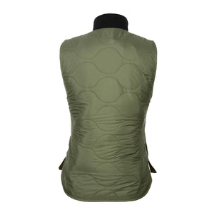 Back view of olive green Mobile Warming quilted vest with black collar