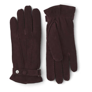 Hestra dark burgundy suede gloves with snap button wrist strap