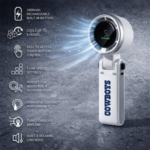 AlphaCool portable fan with Cowboys branding and feature list including battery life and speed settings