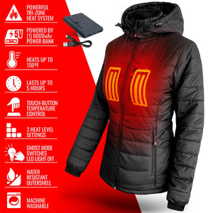 ActionHeat black hooded jacket with tri-zone heating system and power bank features