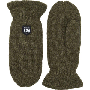 Olive green Hestra wool mittens with brand patch