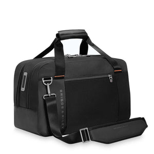 Black Briggs and Riley duffel bag with top handles and detachable shoulder strap