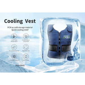 Cryopush cooling vest with PCM material features listed on icy background