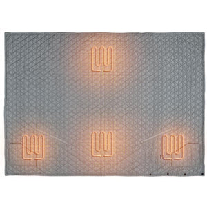 Gobi Heat grey quilted blanket with four glowing orange heating elements visible