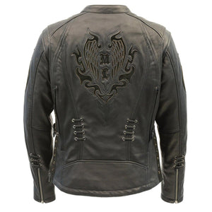 Back view of Milwaukee Leather black leather jacket with embossed wing graphic and side lacing
