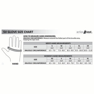 ActionHeat 5V glove size chart showing hand measurement instructions for men and women
