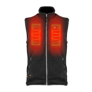 Mobile Warming black fleece vest with highlighted red heating elements on the chest