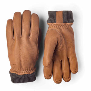 Hestra tan leather gloves with grey ribbed cuffs