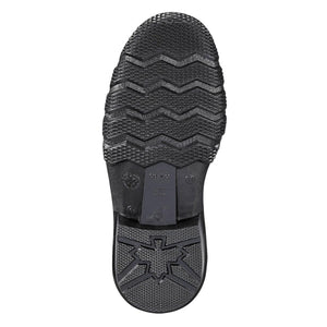 Black rubber boot sole with textured tread pattern and maple leaf design on the heel
