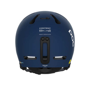Rear view of a dark blue POC ski helmet with goggle clip and technical specifications printed on the back