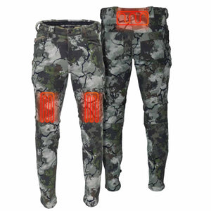 Mobile Warming heated camo pants showing front and back heating element zones