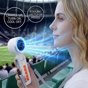 AlphaCool handheld fan with Bears branding held by a woman in a stadium