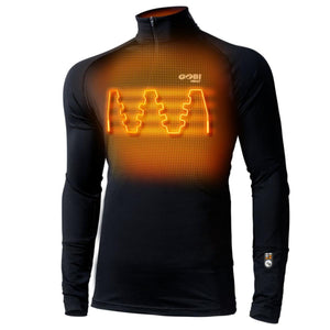 Gobi Heat black long sleeve base layer with glowing orange heating elements on the chest