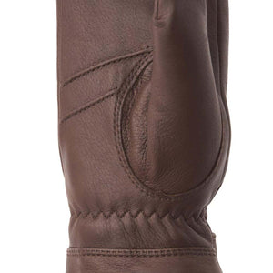 Brown Hestra leather mitten with stitched detailing